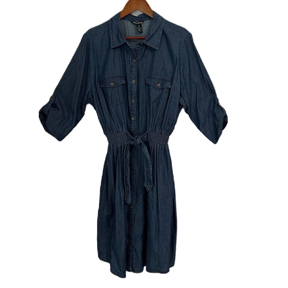 Millenium Dress Women 2X Blue Chambray Collar Cotton Elastic Waist Western Comfy